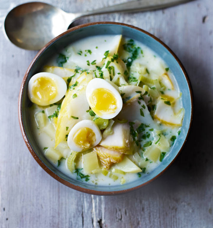 Smoked haddock and leek chowder with quail eggs Sainsbury`s Magazine